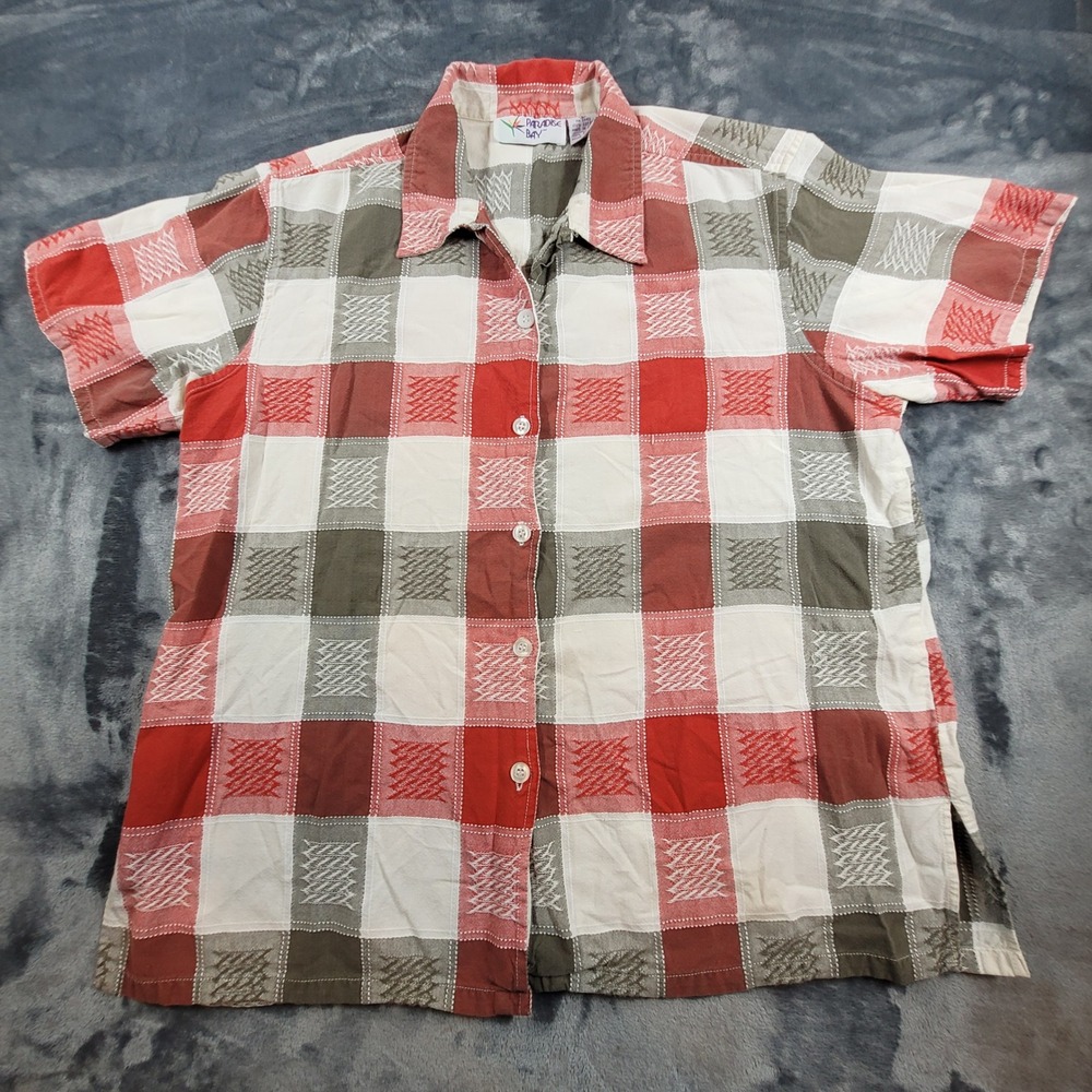 Paradise Bay Womens Red Olive Plaid Cotton Short Sleeve Button Down Shirt Large